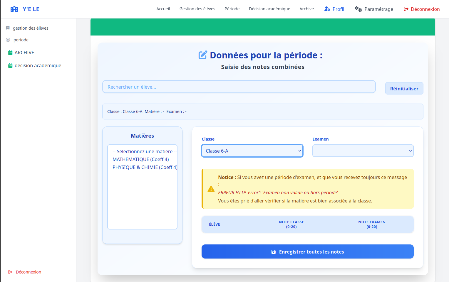 Saisie des notes - interface